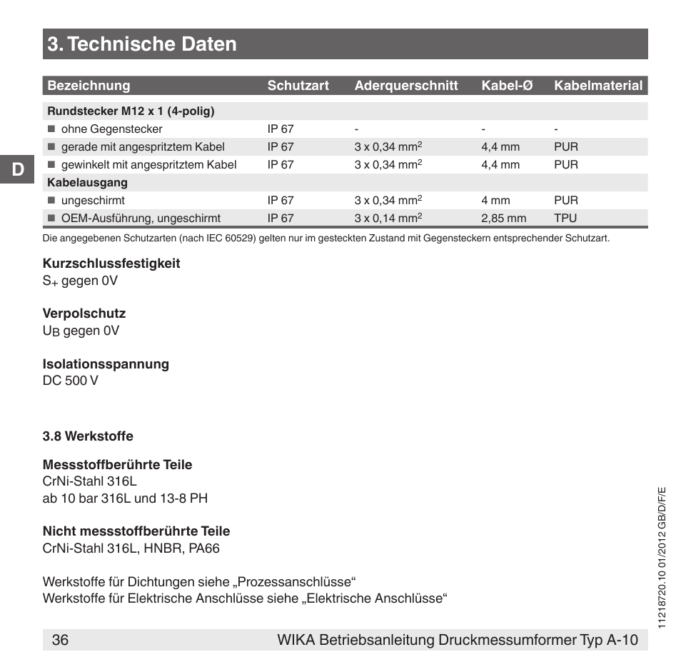 Technische daten | WIKA A-10 User Manual | Page 36 / 96