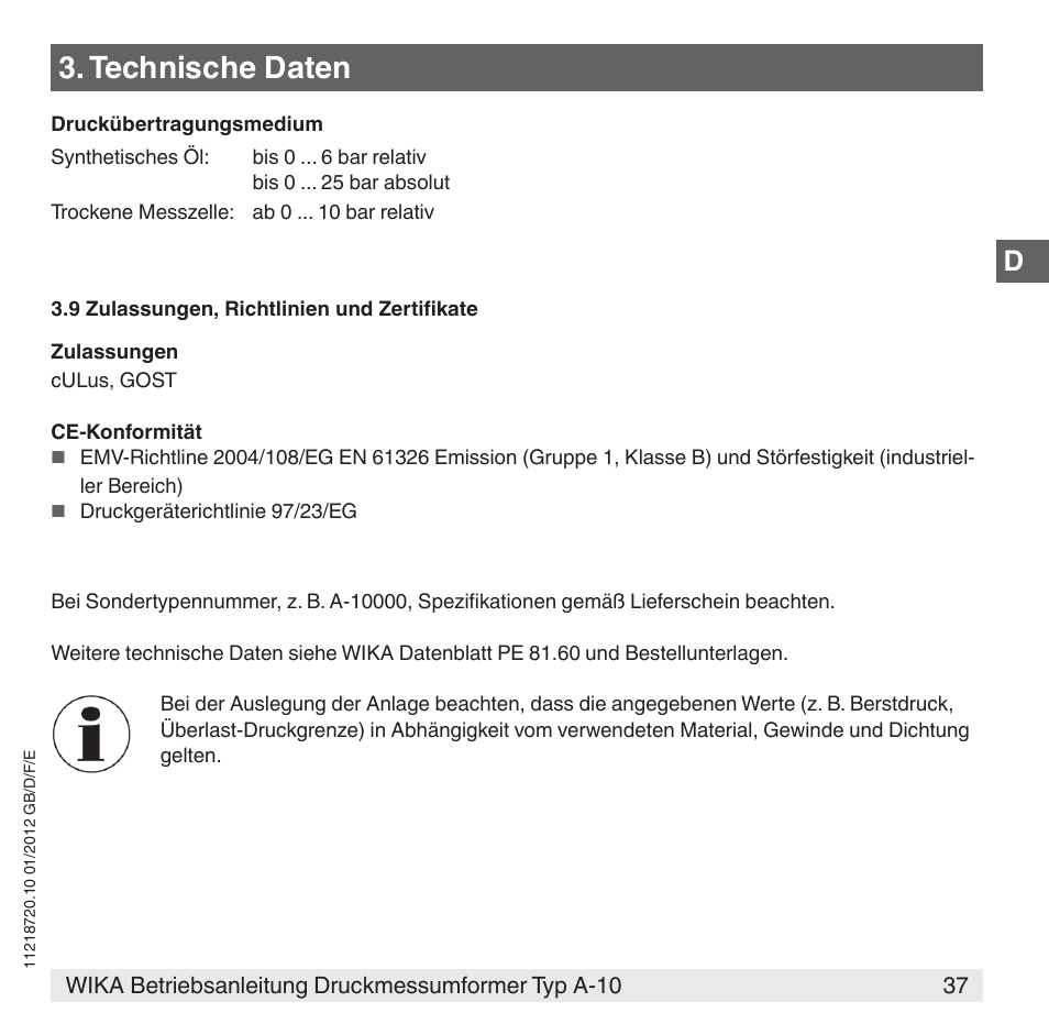 Technische daten | WIKA A-10 User Manual | Page 37 / 96