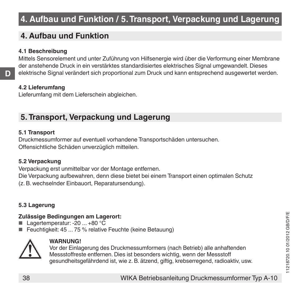 Aufbau und funktion, Transport, verpackung und lagerung | WIKA A-10 User Manual | Page 38 / 96