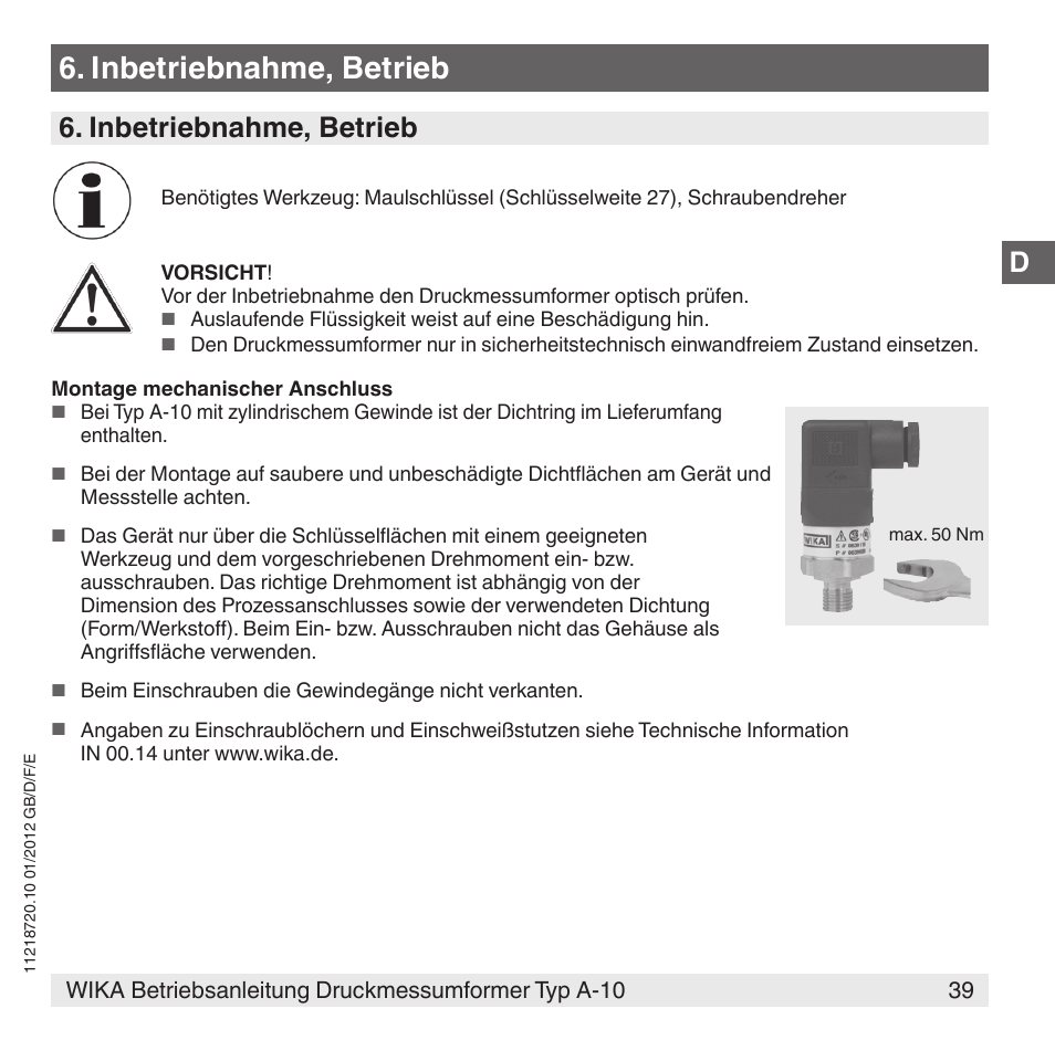 Inbetriebnahme, betrieb | WIKA A-10 User Manual | Page 39 / 96