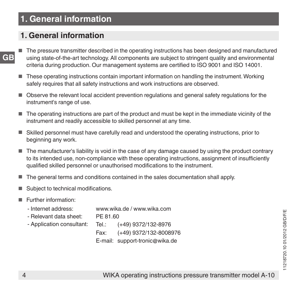 General information, Gb 1. general information | WIKA A-10 User Manual | Page 4 / 96