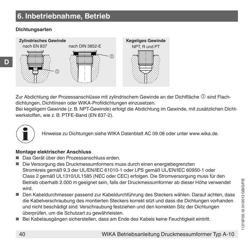 Inbetriebnahme, betrieb | WIKA A-10 User Manual | Page 40 / 96