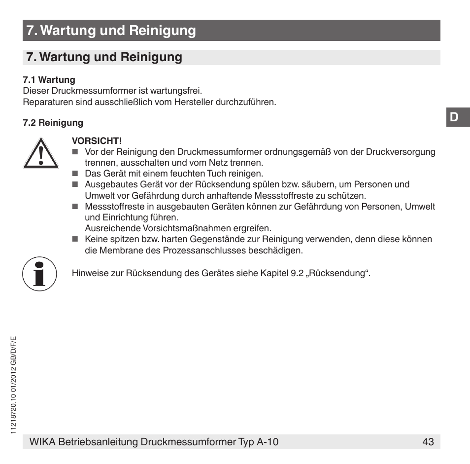 Wartung und reinigung | WIKA A-10 User Manual | Page 43 / 96
