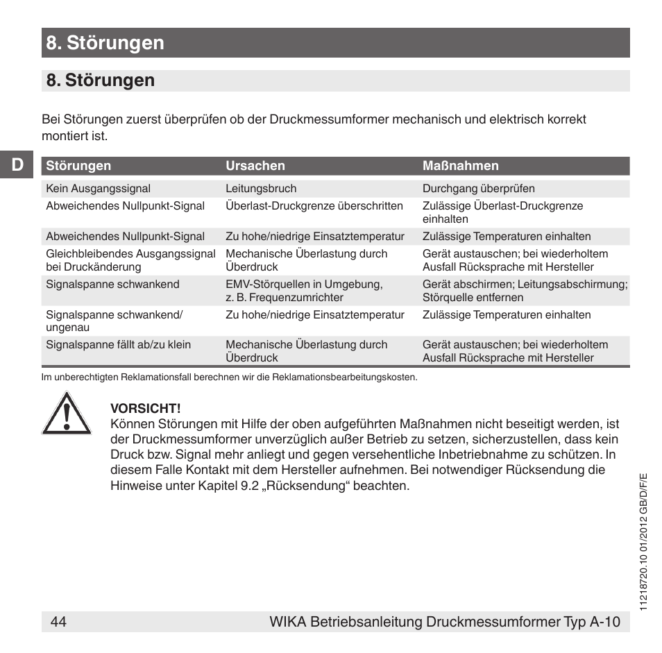Störungen, D8. störungen | WIKA A-10 User Manual | Page 44 / 96