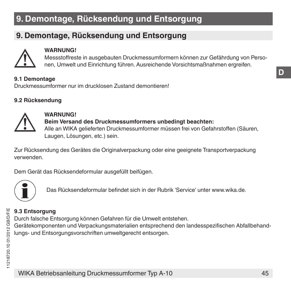 Demontage, rücksendung und entsorgung | WIKA A-10 User Manual | Page 45 / 96