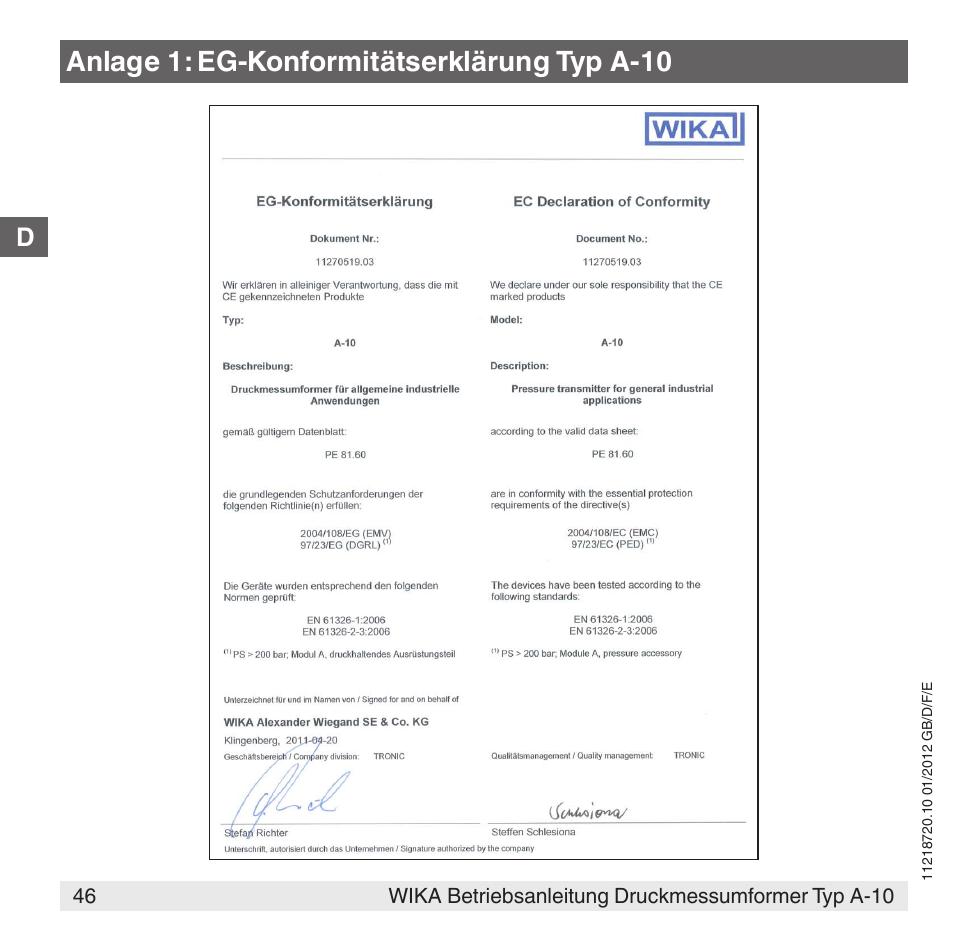 Anlage 1: eg-konformitätserklärung typ a-10 | WIKA A-10 User Manual | Page 46 / 96