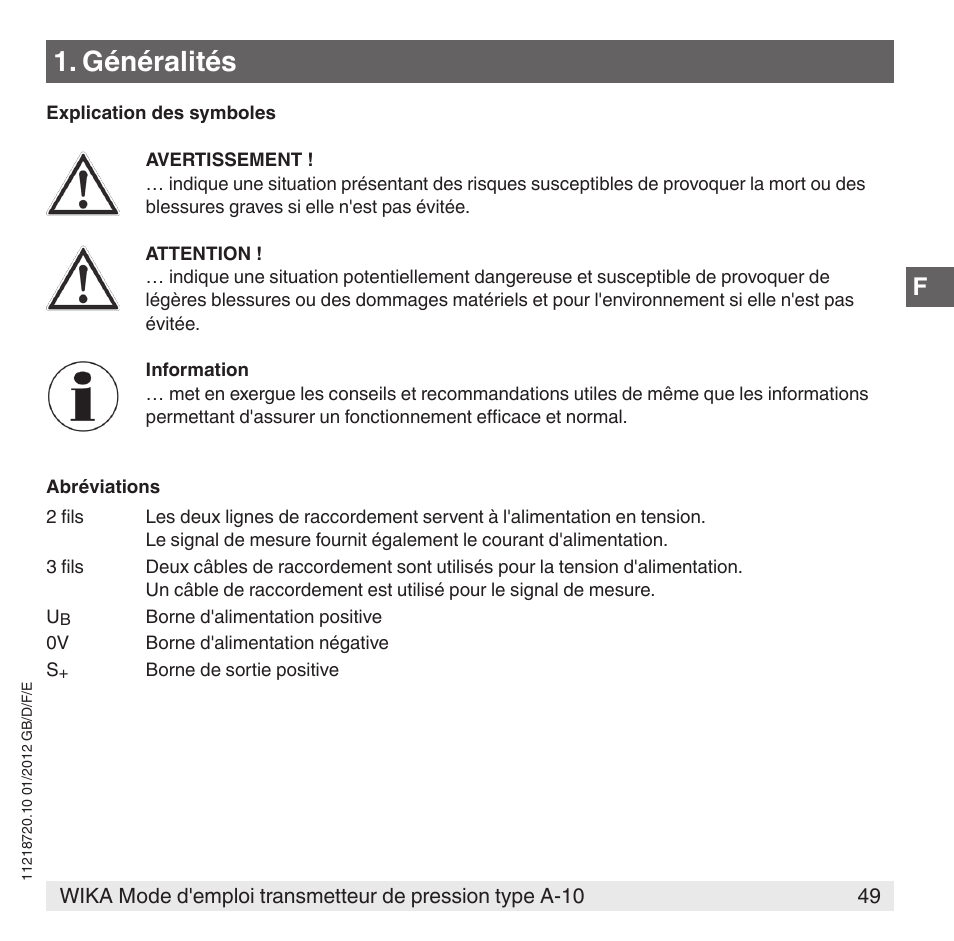 Généralités | WIKA A-10 User Manual | Page 49 / 96