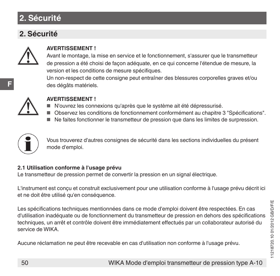 Sécurité | WIKA A-10 User Manual | Page 50 / 96