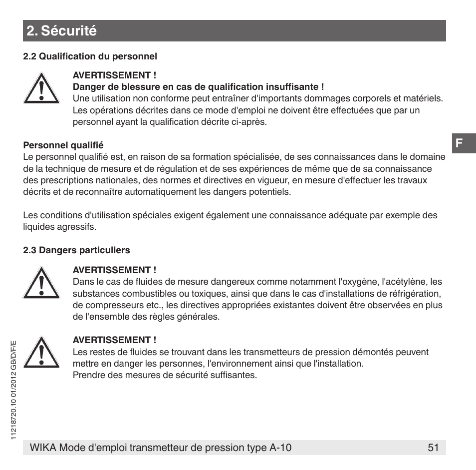 Sécurité | WIKA A-10 User Manual | Page 51 / 96