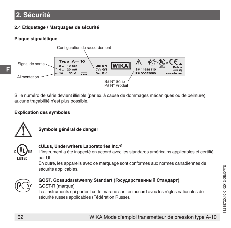 Sécurité | WIKA A-10 User Manual | Page 52 / 96