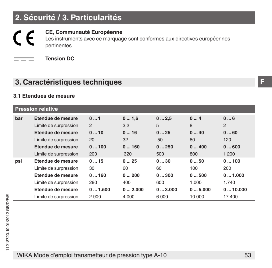 Sécurité / 3. particularités, Caractéristiques techniques | WIKA A-10 User Manual | Page 53 / 96