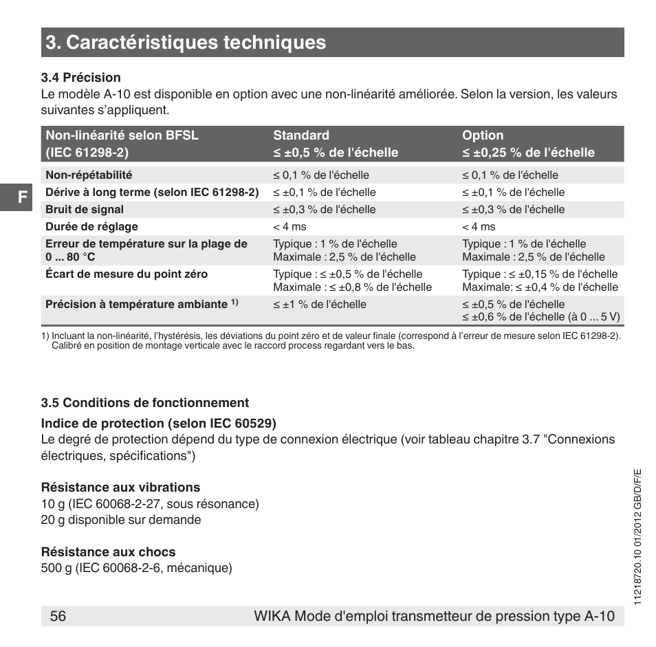 Caractéristiques techniques | WIKA A-10 User Manual | Page 56 / 96