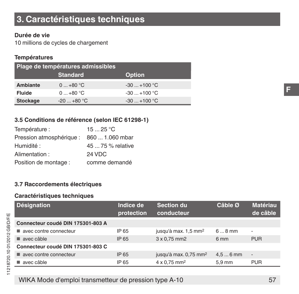 Caractéristiques techniques | WIKA A-10 User Manual | Page 57 / 96