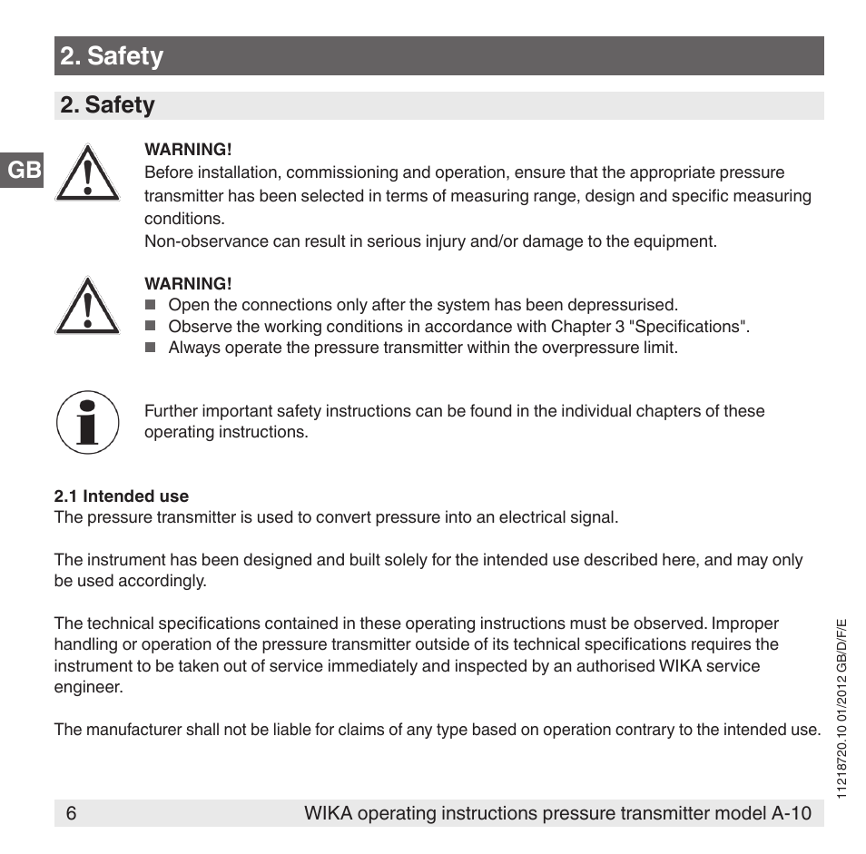 Safety, Gb 2. safety | WIKA A-10 User Manual | Page 6 / 96