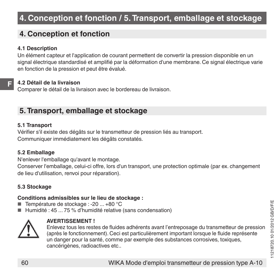 Conception et fonction, Transport, emballage et stockage | WIKA A-10 User Manual | Page 60 / 96