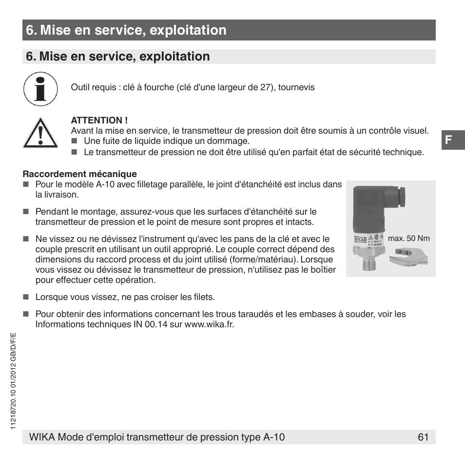 Mise en service, exploitation | WIKA A-10 User Manual | Page 61 / 96