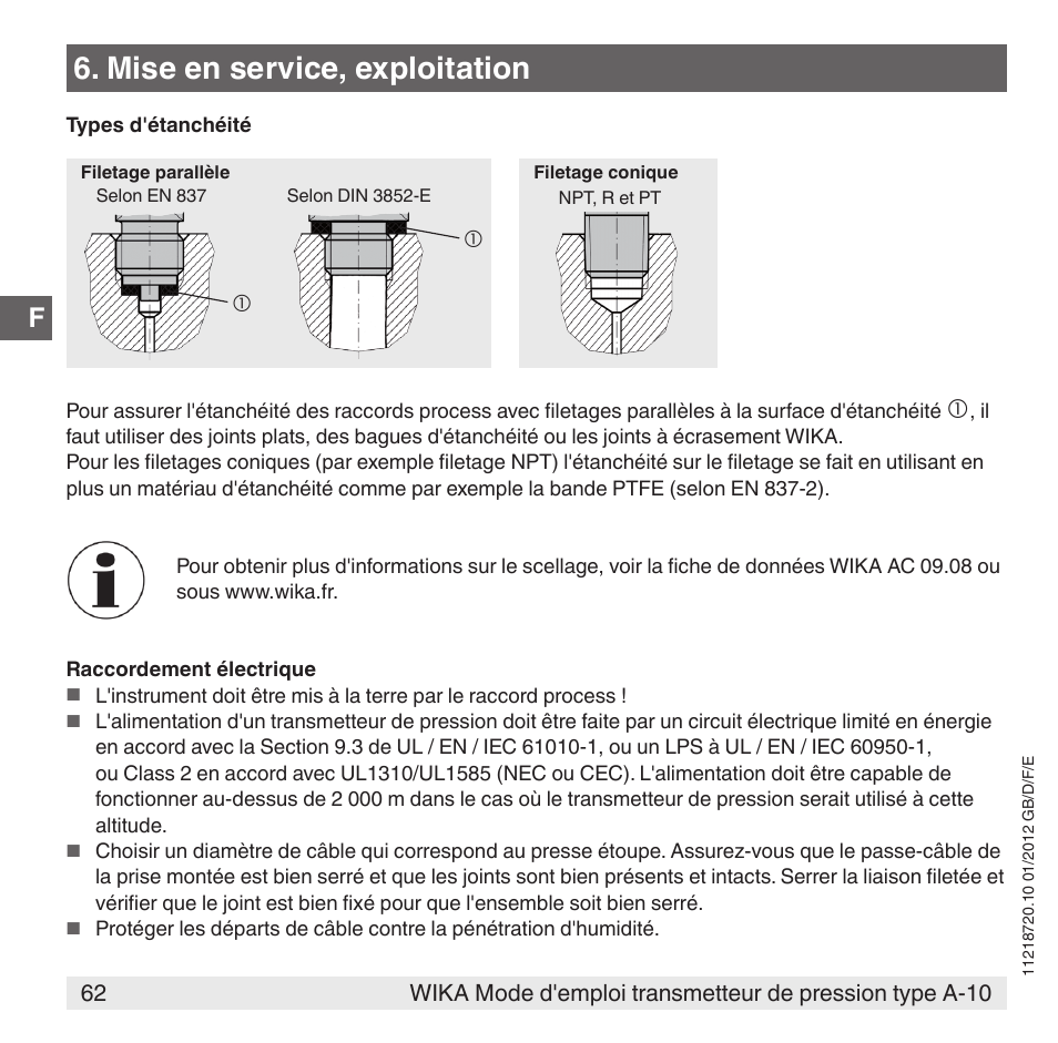Mise en service, exploitation | WIKA A-10 User Manual | Page 62 / 96