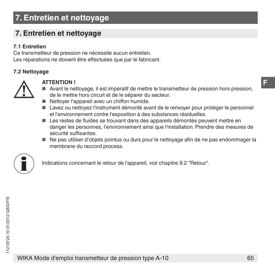 Entretien et nettoyage | WIKA A-10 User Manual | Page 65 / 96