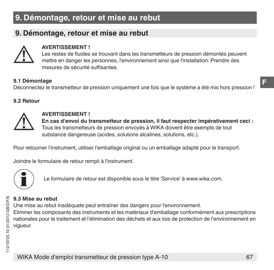 Démontage, retour et mise au rebut | WIKA A-10 User Manual | Page 67 / 96