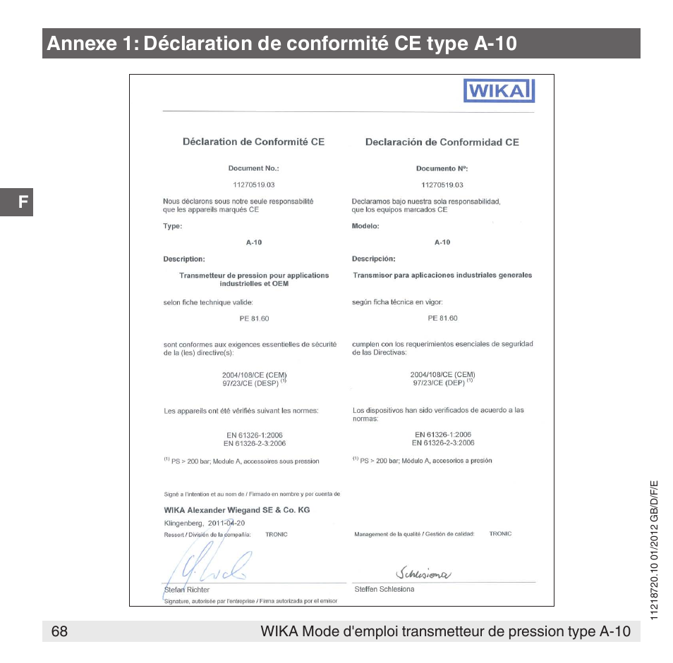 Annexe 1: déclaration de conformité ce type a-10 | WIKA A-10 User Manual | Page 68 / 96