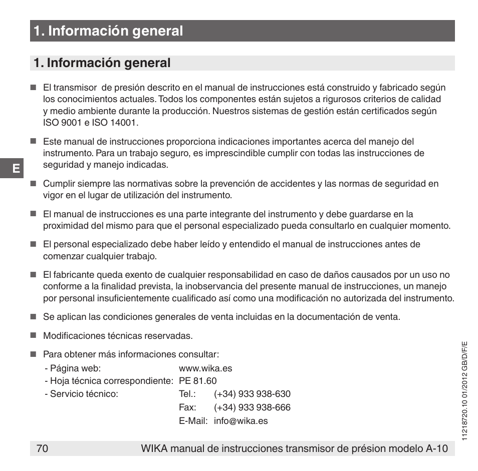 Información general | WIKA A-10 User Manual | Page 70 / 96