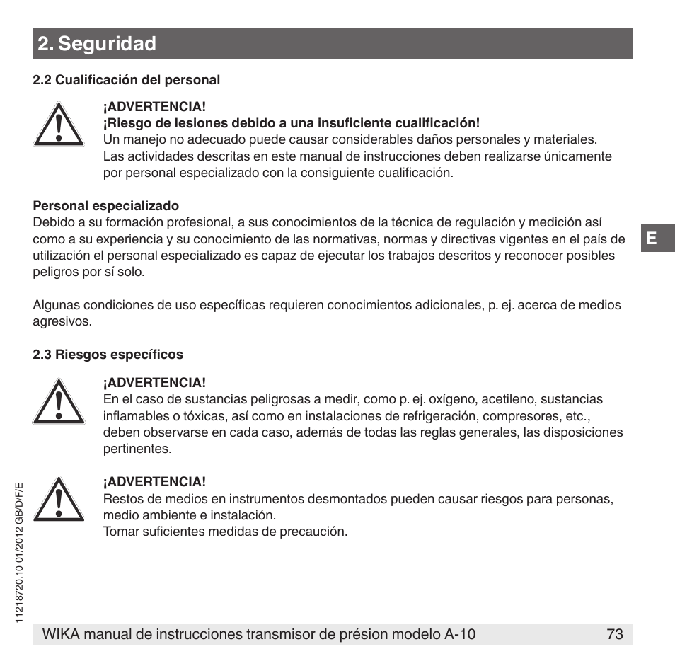 Seguridad | WIKA A-10 User Manual | Page 73 / 96