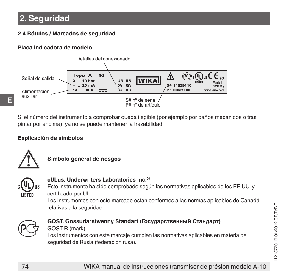 Seguridad | WIKA A-10 User Manual | Page 74 / 96