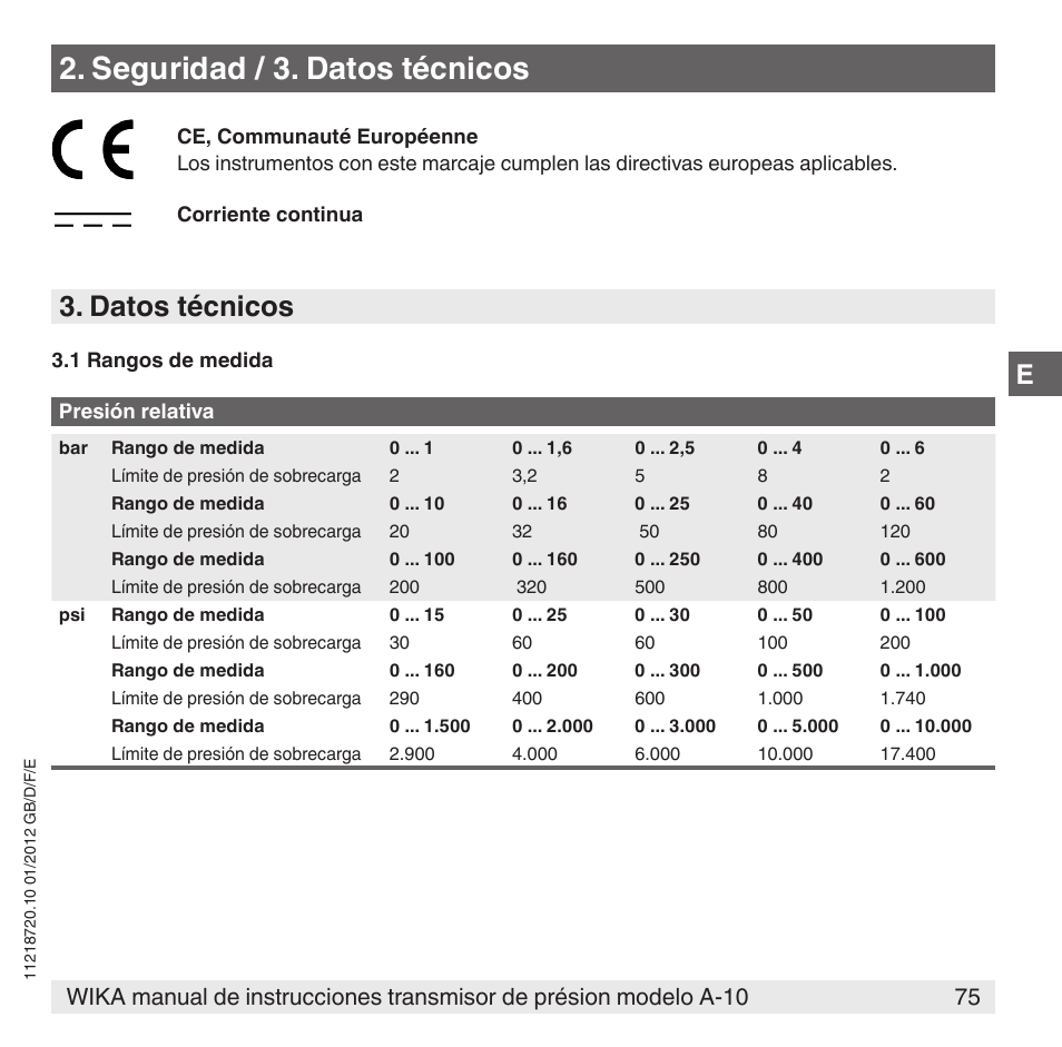 Seguridad / 3. datos técnicos, Datos técnicos | WIKA A-10 User Manual | Page 75 / 96