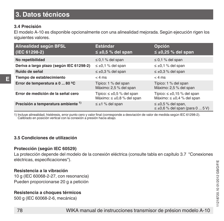 Datos técnicos | WIKA A-10 User Manual | Page 78 / 96