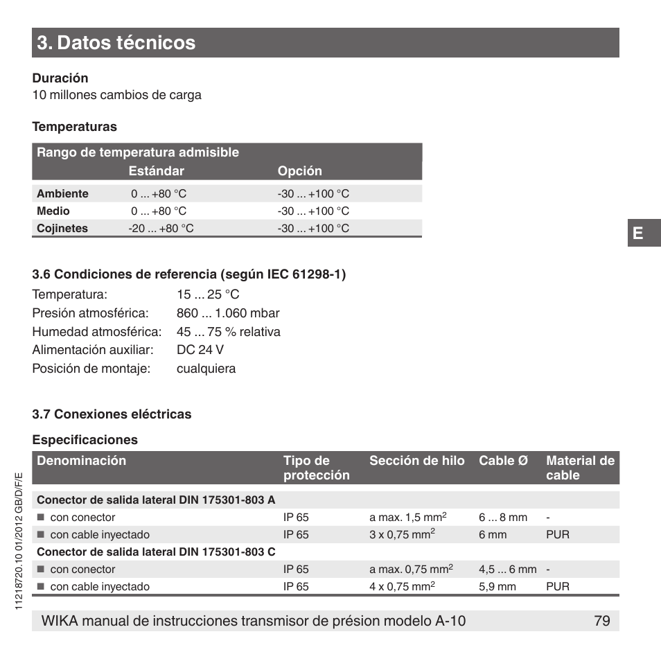 Datos técnicos | WIKA A-10 User Manual | Page 79 / 96