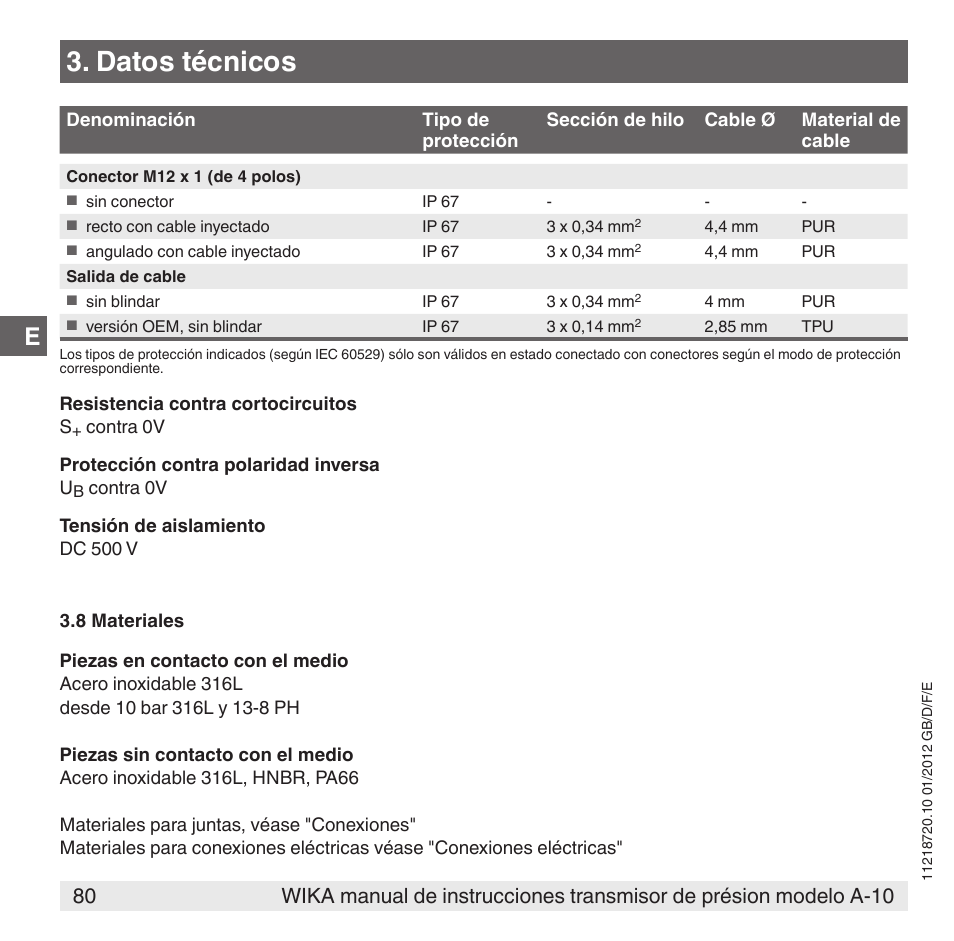 Datos técnicos | WIKA A-10 User Manual | Page 80 / 96