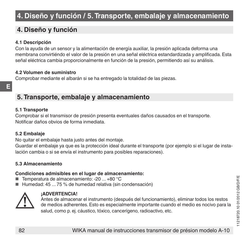 Diseño y función, Transporte, embalaje y almacenamiento | WIKA A-10 User Manual | Page 82 / 96