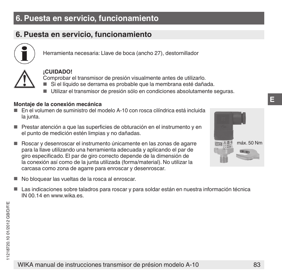 Puesta en servicio, funcionamiento | WIKA A-10 User Manual | Page 83 / 96