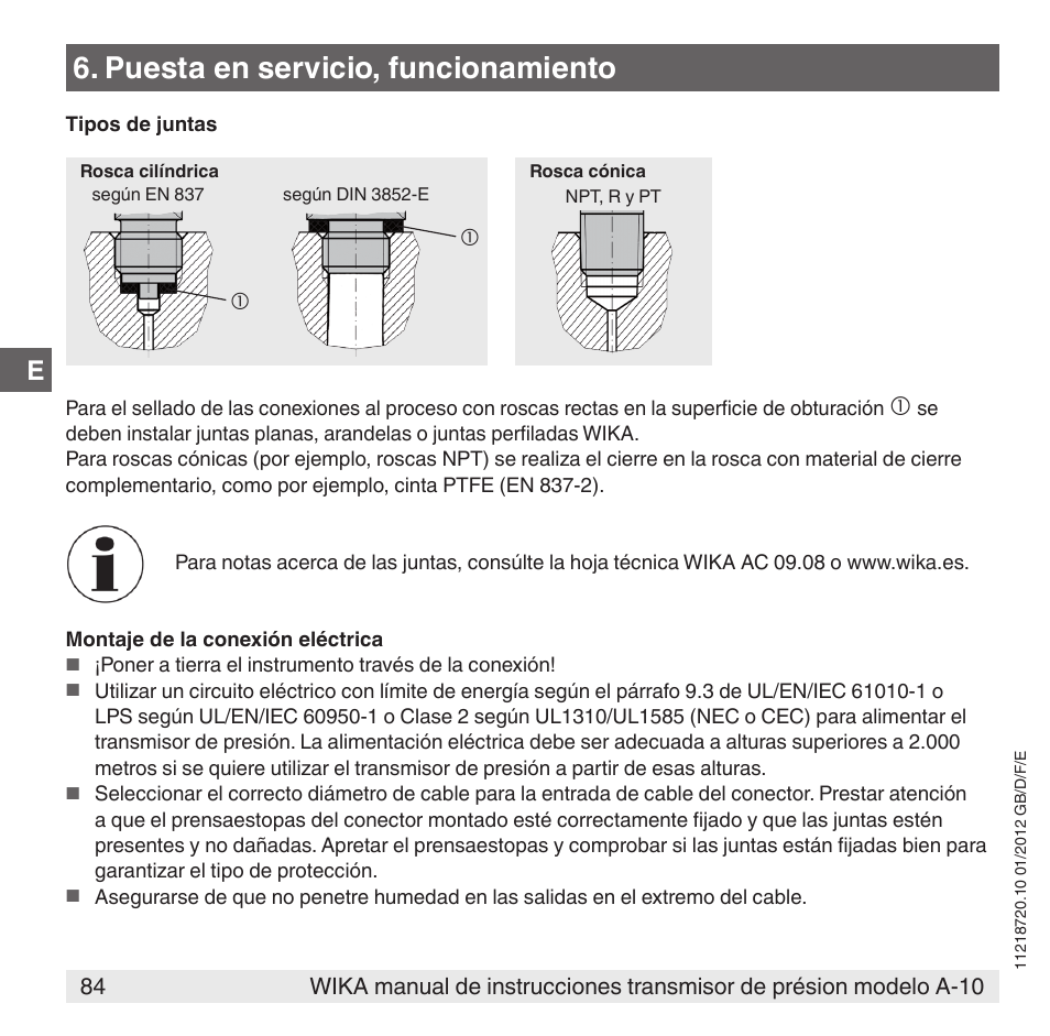 Puesta en servicio, funcionamiento | WIKA A-10 User Manual | Page 84 / 96