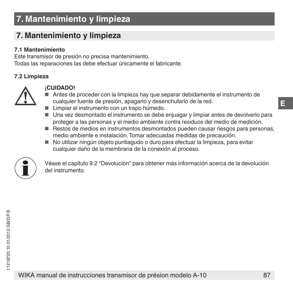 Mantenimiento y limpieza | WIKA A-10 User Manual | Page 87 / 96