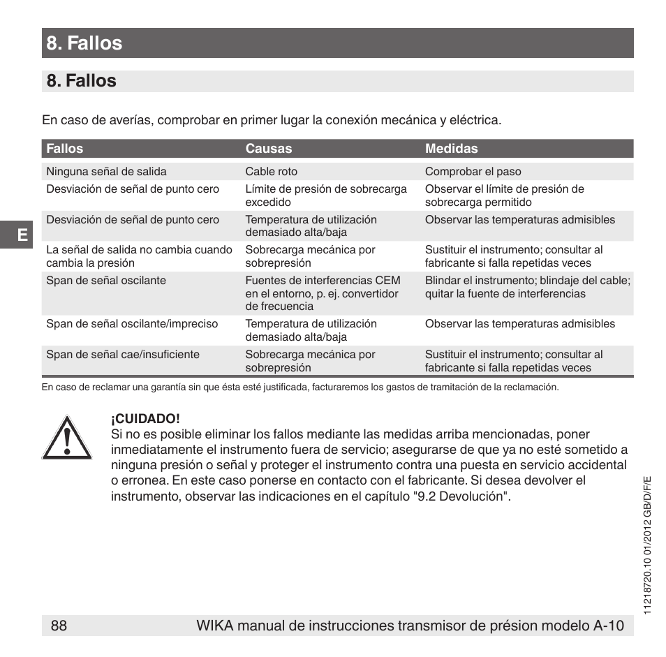 Fallos | WIKA A-10 User Manual | Page 88 / 96