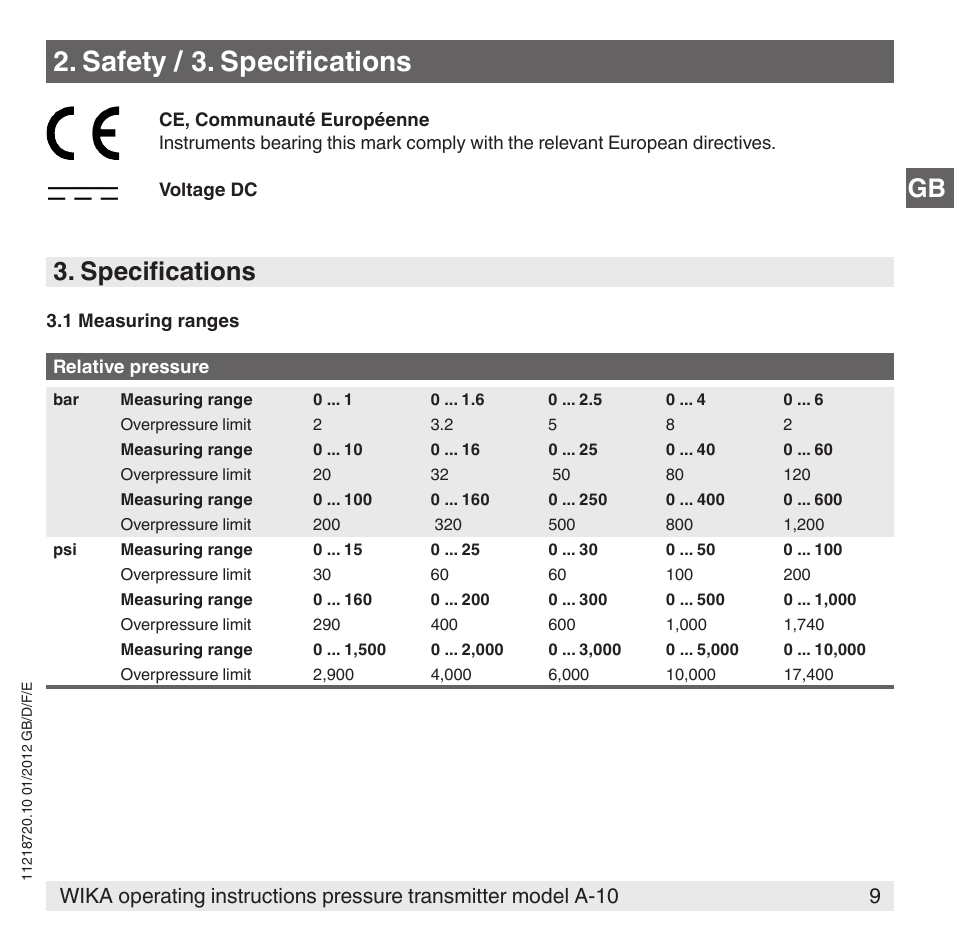 Safety / 3. specifications, Specifications | WIKA A-10 User Manual | Page 9 / 96