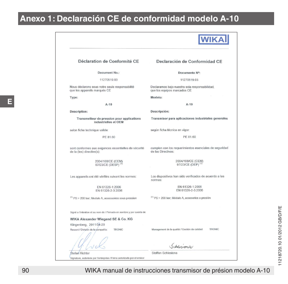 Anexo 1: declaración ce de conformidad modelo a-10 | WIKA A-10 User Manual | Page 90 / 96