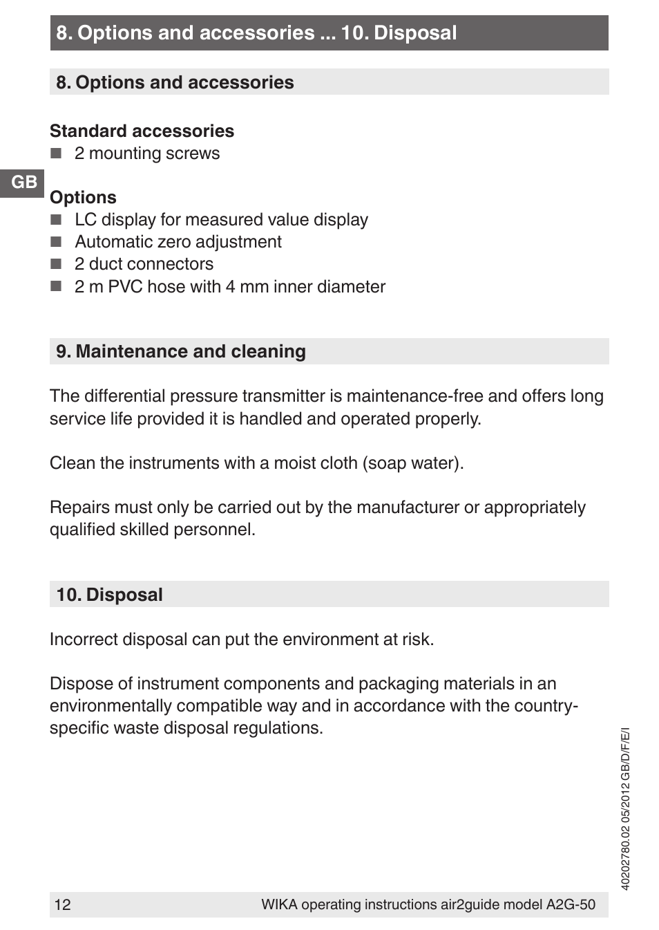 Options and accessories . disposal | WIKA A2G-50 User Manual | Page 12 / 52