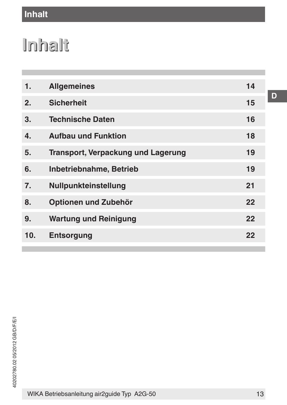 Inhalt | WIKA A2G-50 User Manual | Page 13 / 52