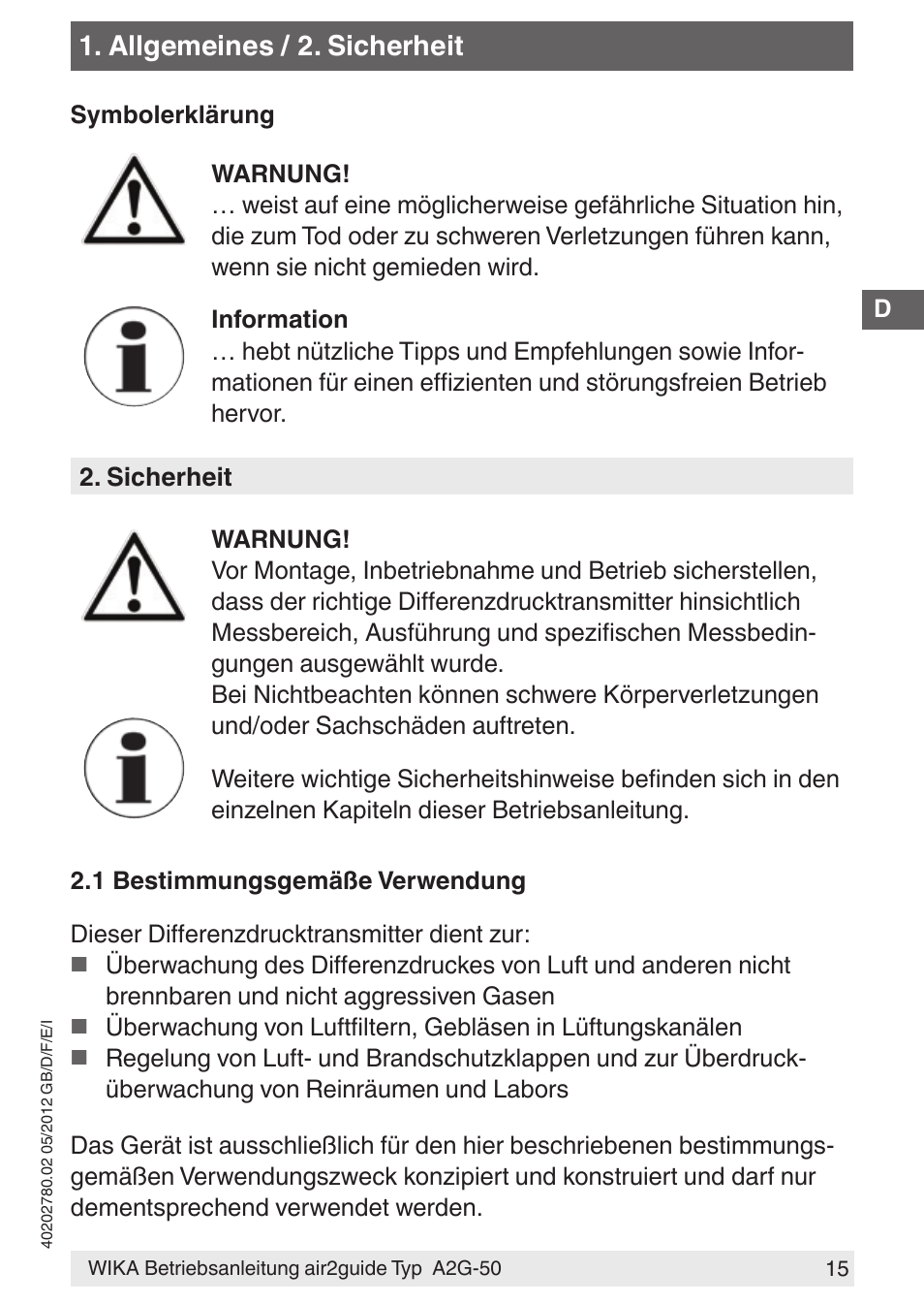Allgemeines / 2. sicherheit | WIKA A2G-50 User Manual | Page 15 / 52