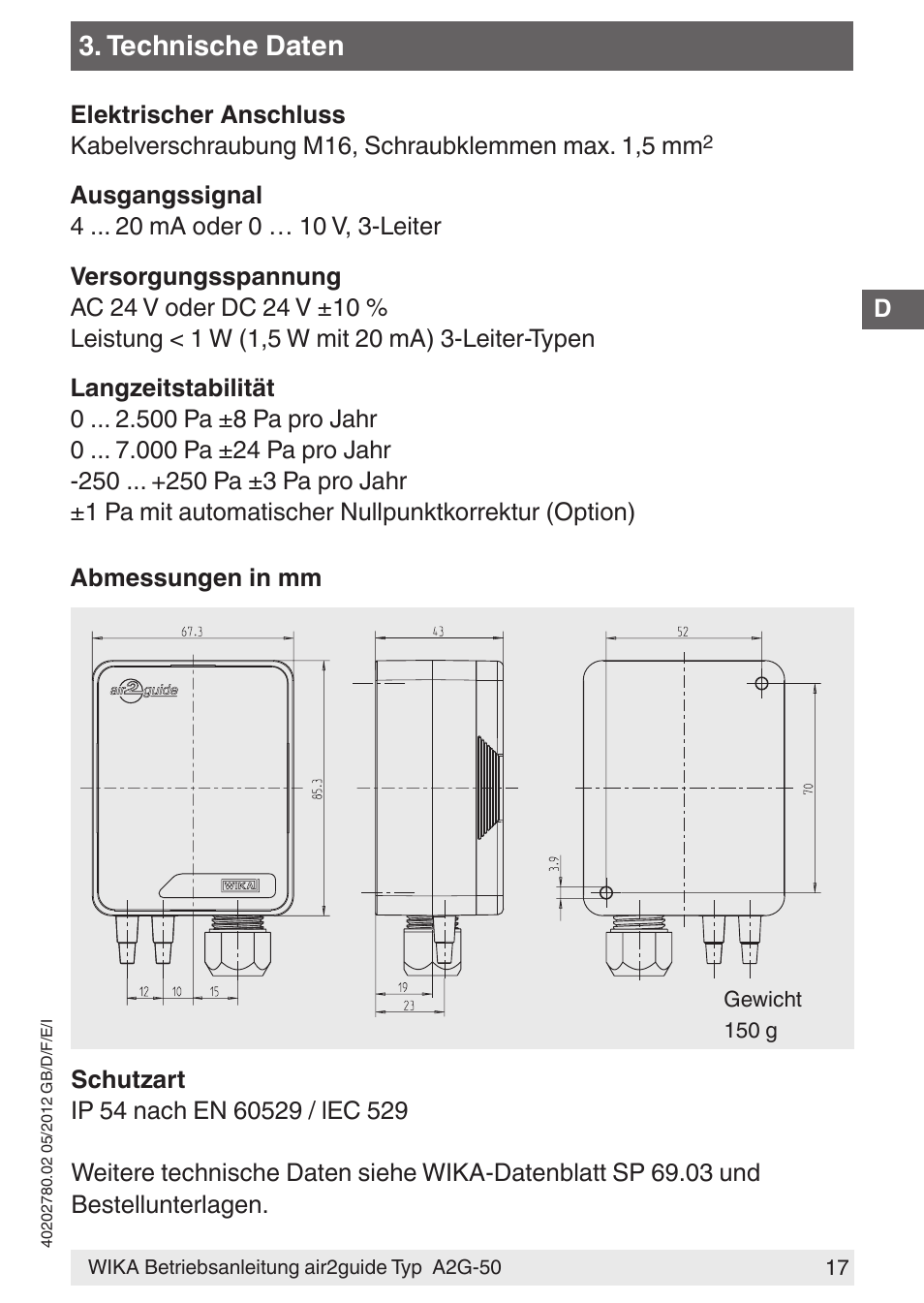 Technische daten | WIKA A2G-50 User Manual | Page 17 / 52