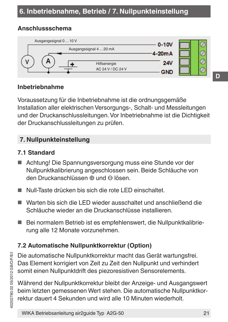 Inbetriebnahme, betrieb / 7. nullpunkteinstellung | WIKA A2G-50 User Manual | Page 21 / 52