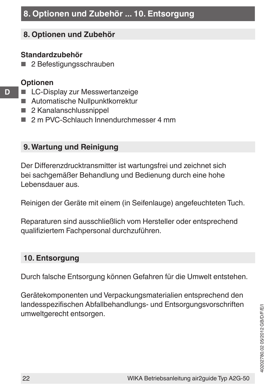 Optionen und zubehör . entsorgung | WIKA A2G-50 User Manual | Page 22 / 52