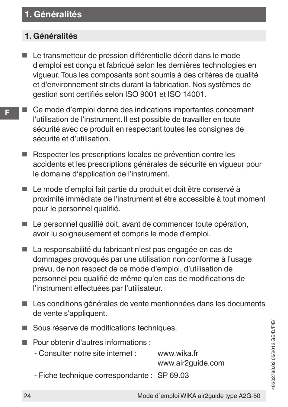 Généralités | WIKA A2G-50 User Manual | Page 24 / 52