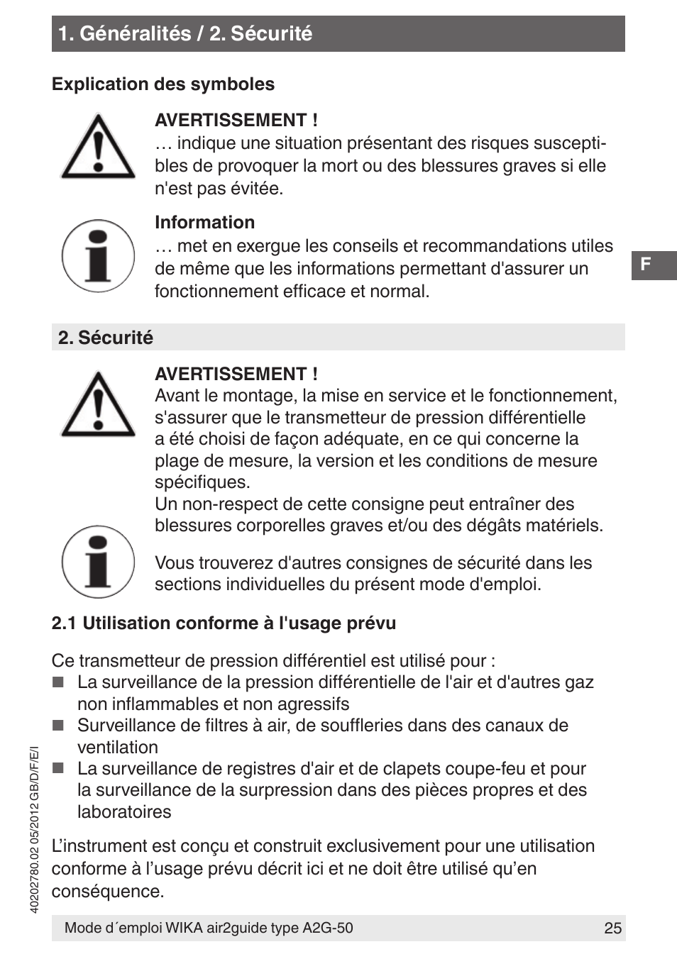 Généralités / 2. sécurité | WIKA A2G-50 User Manual | Page 25 / 52