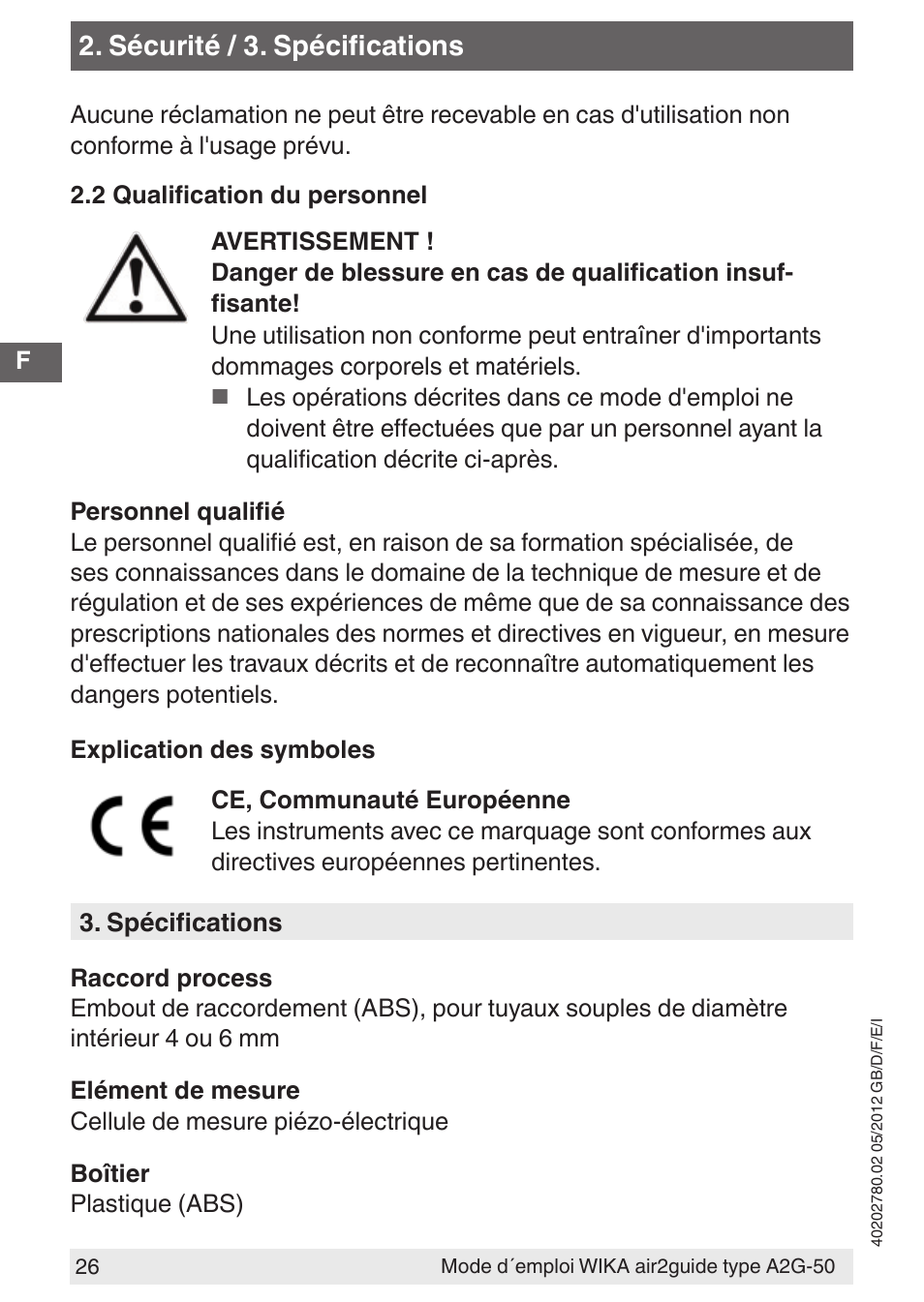 Sécurité / 3. spécifications | WIKA A2G-50 User Manual | Page 26 / 52