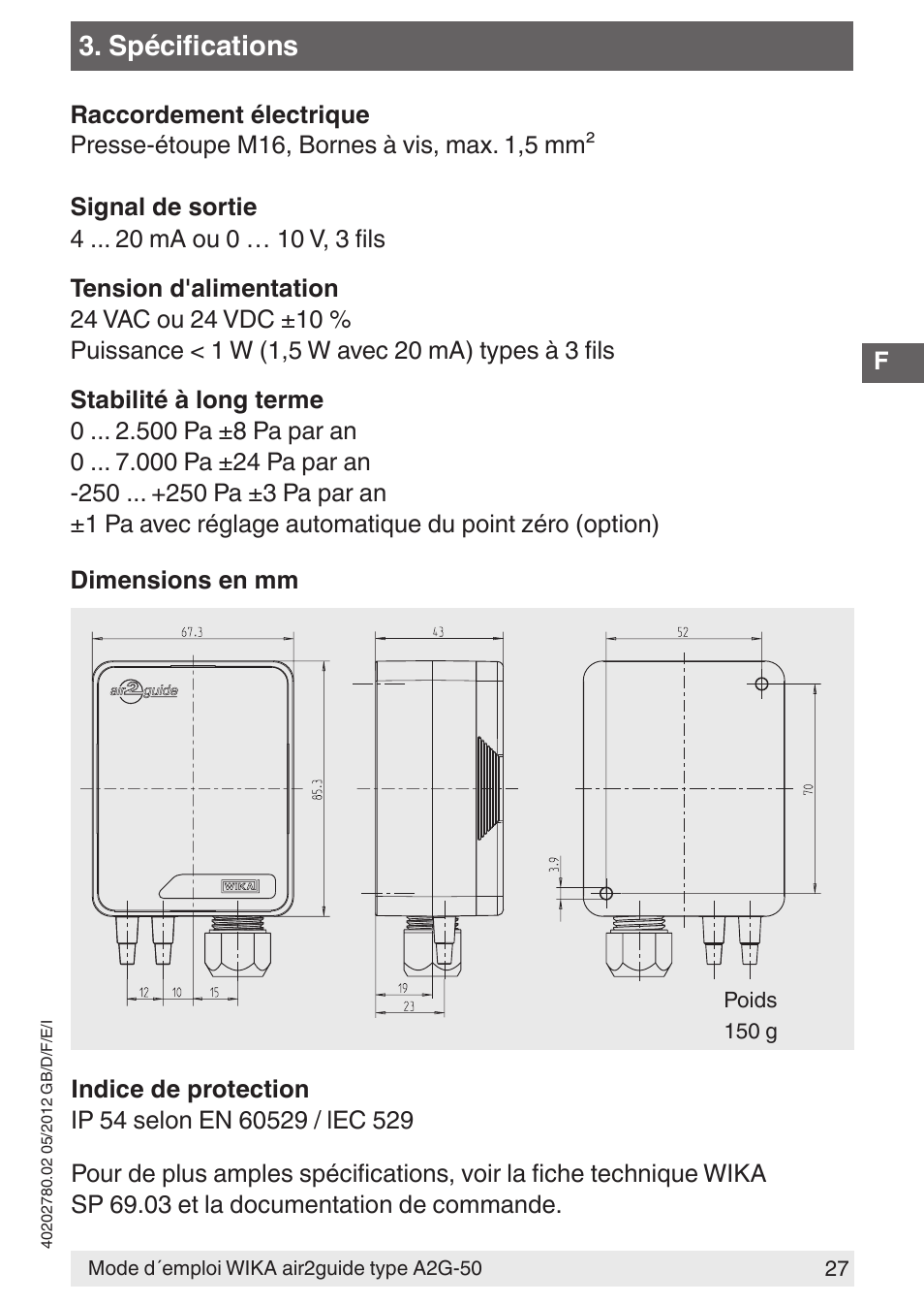 Spécifications | WIKA A2G-50 User Manual | Page 27 / 52