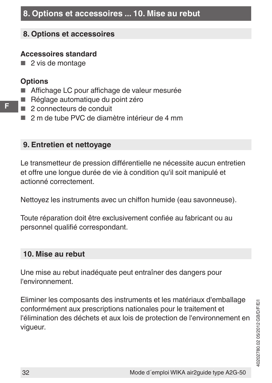 Options et accessoires . mise au rebut | WIKA A2G-50 User Manual | Page 32 / 52
