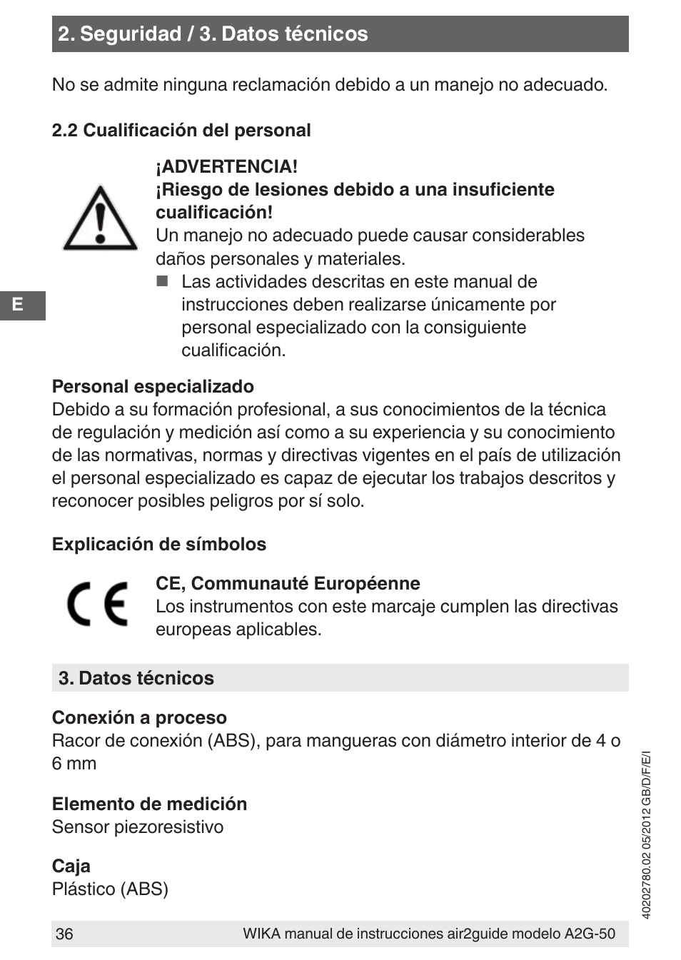 Seguridad / 3. datos técnicos | WIKA A2G-50 User Manual | Page 36 / 52